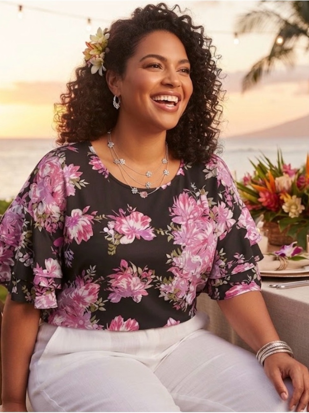 Roaman's Black & Pink Floral Ruffle Sleeve Blouse Plus Size 26/28 2X Top
